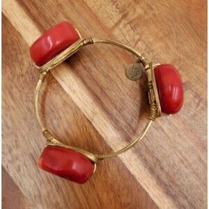 Bourbon & Bowties Bangle Bracelet Gold Tone Faux Red Coral Stones Wire Wrapped